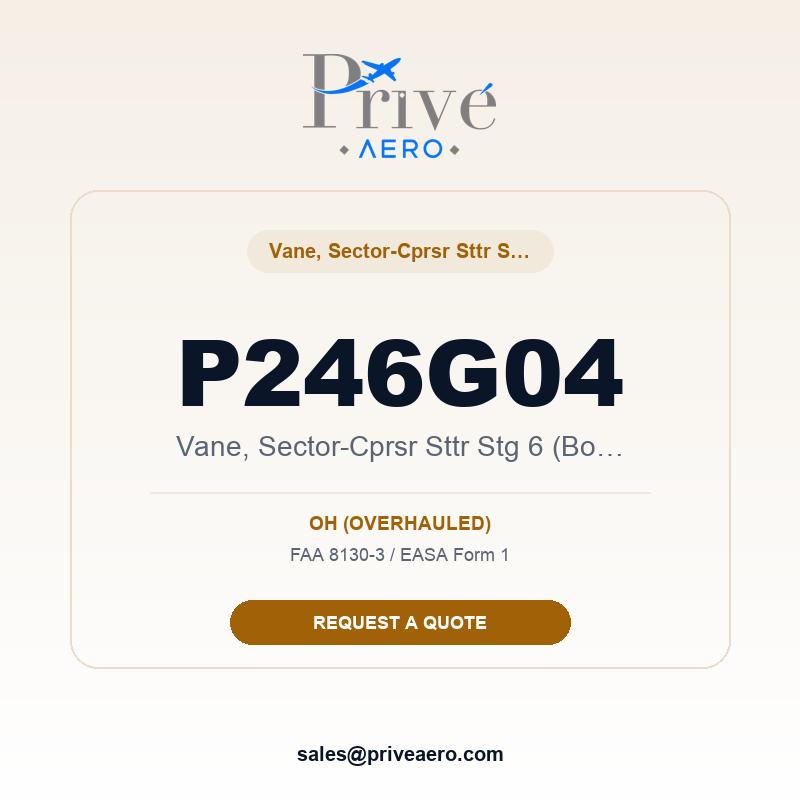 P/N P246G04 Vane, Sector-Cprsr Sttr Stg 6 (Borescope) P246G04 Vane, Sector-Cprsr Sttr Stg 6 (Borescope) – Privé Aero