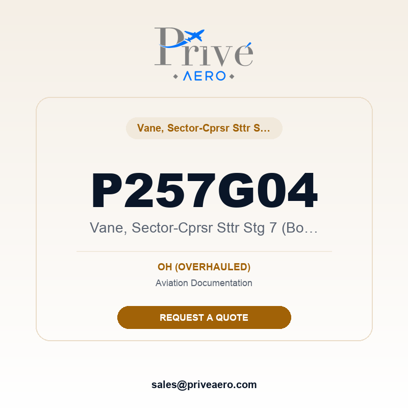P/N P257G04 Vane, Sector-Cprsr Sttr Stg 7 (Borescope) P257G04 Vane, Sector-Cprsr Sttr Stg 7 (Borescope) – Privé Aero
