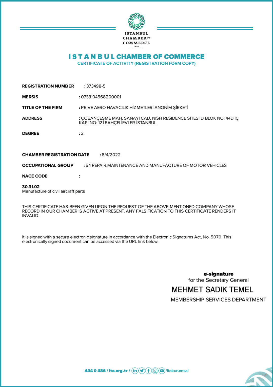 ISTANBUL CHAMBER OF PRIVE AERO - COMMERCE CERTIFICATE OF ACTIVITY